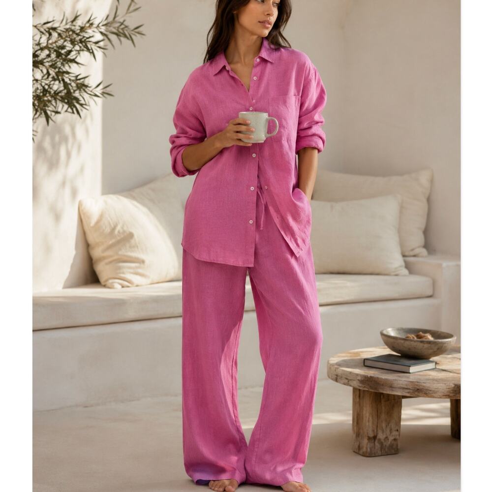 Desmond & Dempsey Pink Linen Lounge Set Pajama Set Mixed Size M/L Relaxed Luxury